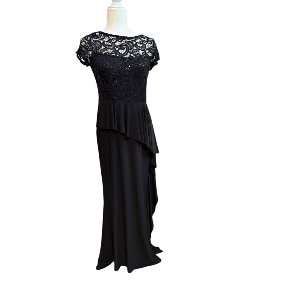 Marina Black Lace Jersey Evening Maxi Dress Tiered Skirt, Illusion Back HOCO 6P